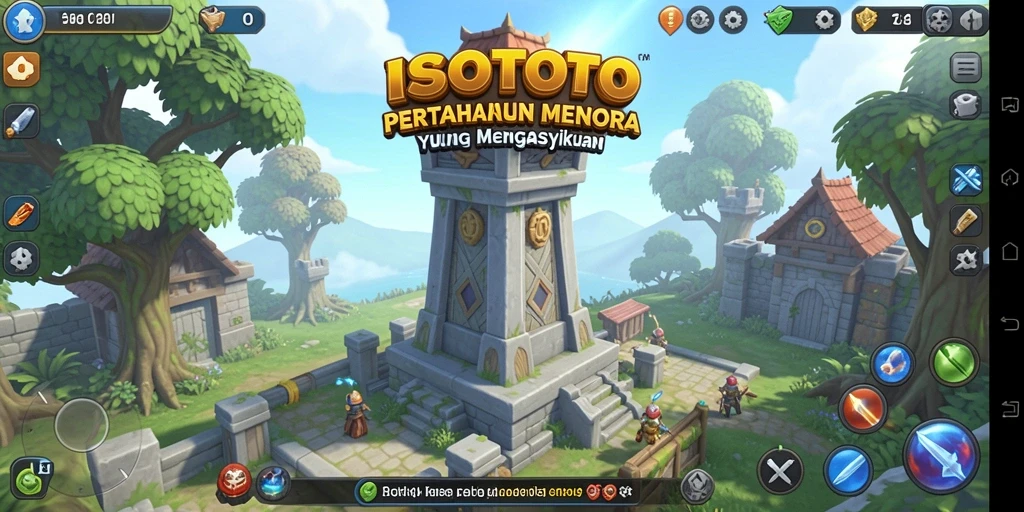 Tangkapan layar gameplay ISOTOTO menunjukkan menara bertahan dari serangan musuh.