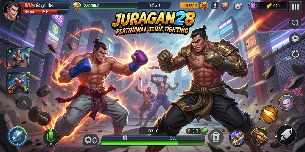 Screenshot gameplay <strong>JURAGAN28</strong> menampilkan pertarungan seru dan karakter yang dinamis.