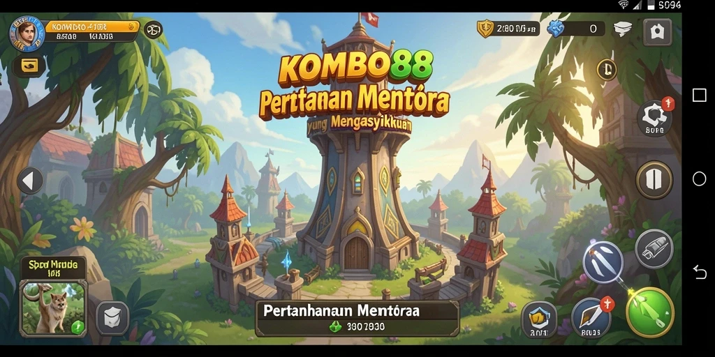 Tampilan gameplay KOMBO88 yang menampilkan pertahanan menara melawan monster.
