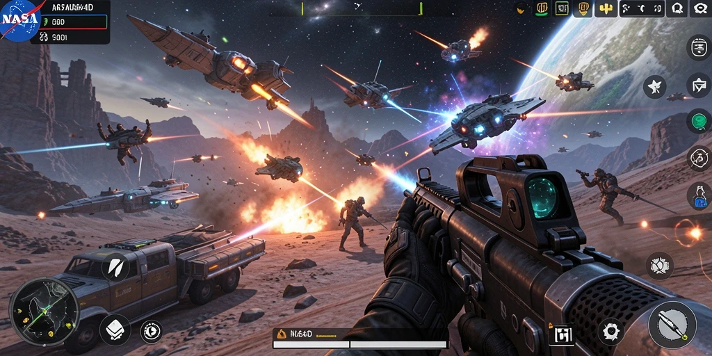 Screenshot gameplay NASA4D menunjukkan aksi pertempuran yang intens dan mendebarkan.