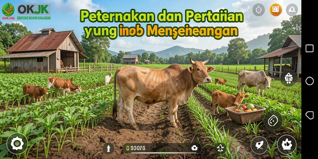Screenshot gameplay menampilkan ladang subur dalam OKJK dengan tanaman hijau dan hewan ternak.