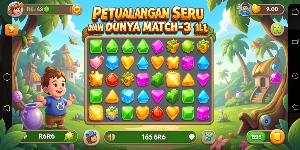 Screenshot R6R6 menampilkan gameplay Match-3 yang seru dan colorful.