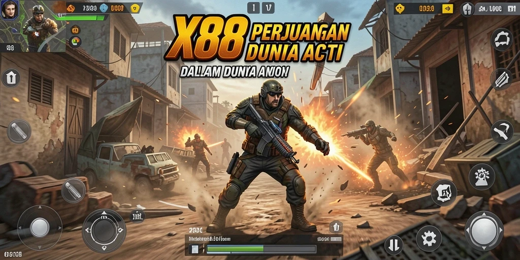 Screenshot utama X88 menampilkan pertempuran mendebarkan di arena action.